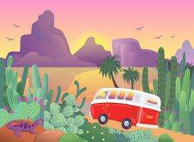 ilustración de paisaje con camioneta, atardecer, floreciente cactus y montañas. vector ilustración