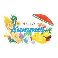 Hello summer vector banner design with colorful beach elements and summer accessories. Vector illustration