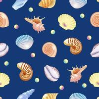 Seashells vector seamless pattern on blue background with shells and pearls. Vector illustration