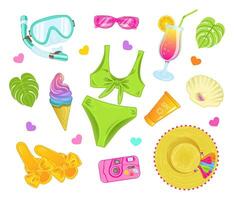 Set of decorative summer elements on a white background. Vector illustration of beach accessories in bright colors