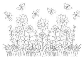 Coloring page with cartoon butterflies flying over the grass and flowers. Hand drawn vector contoured black and white illustration.