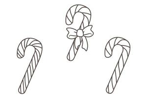 Vector set of three isolated different candy canes. Outline illustration. Elements of winter feasts such as New Year and Christmas