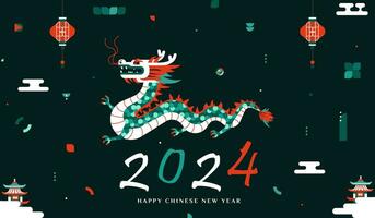 Vector illustration of 2024 Chinese New Year of the Dragon in geometric style on a dark background. Symbol of the Lunar New Year 2024. Design for background, banners and posters