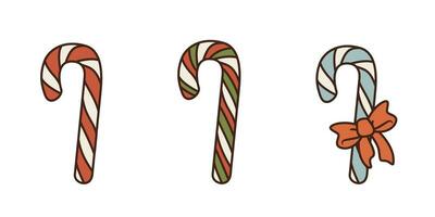 Vector set of three different retro candy canes. Isolated red caramel, tricolor and blue with a bow. Elements of winter feasts such as New Year and Christmas