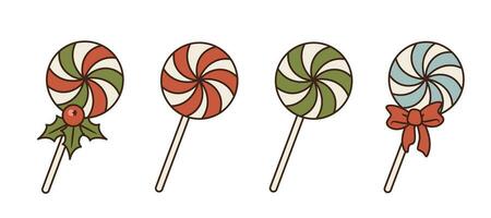 Vector Set of four different retro caramel sticks. Red caramel, green, blue with a bow and Christmas tricolor with holly berry. Isolated elements for festive design