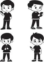 Cute Little Kid Boy Use Phone Vector Illustration