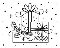 Christmas outline gifts with branches, ribbons, ornaments. Xmas decorative element. New Year template for greeting cards, label. Vector illustration.