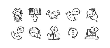 Information desk doodle icon set. Hand drawn sketch customer help info service vector illustration. Contact us, faq, call centre, client counter, reception concept.