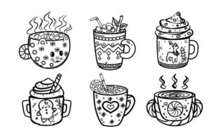 vector set of cups with Christmas and New Year decorations on white isolated background