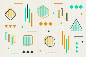Abstract background in The Memphis style. Chaotically arranged geometric shapes on a light background in stripes vector