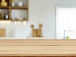 Empty beautiful wood table top counter and blur bokeh modern kitchen interior background in clean and bright,Banner, Ready for product montage photo