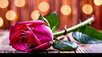 AI generated One red rose on wooden table bokeh background video