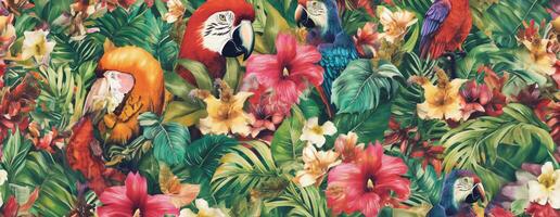 AI Generated Tropical exotic pattern with animal and flowers in bright colors and lush vegetation. Ai Generative. photo