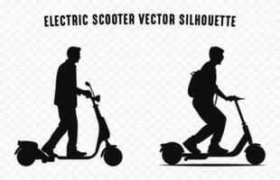 hombre montando un eléctrico scooter silueta, un empujar scooter negro vector