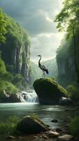 AI generated Majestic River Serenity, Graceful Crane on Lone Rock in Lush Forestscape photo