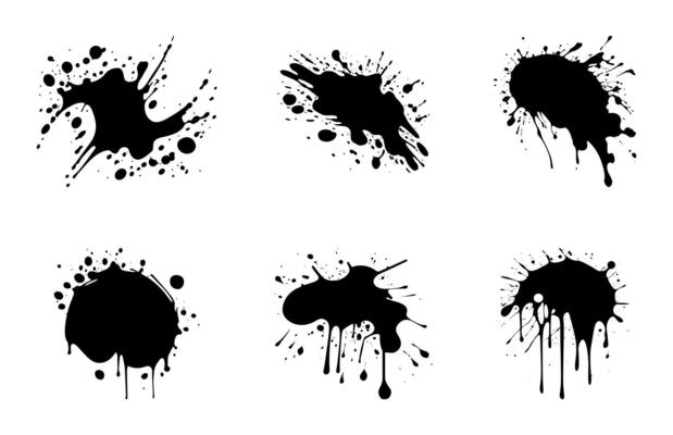 Paint Splatter Vector Silhouette Set, Abstract Ink drops and splashes vector Bundle, Drips Black ink splatters, Black paint grunge blots bundle