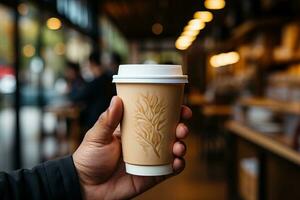 AI generated A man is holding a paper cup for hot drinks on the background of a cafe. photo