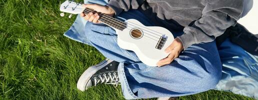 Music and instruments. Close up, female hands holding white ukulele, musician sitting on grass outdoors and playing photo