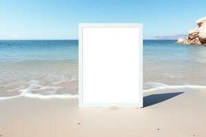 AI generated Blank white poster frame on the beach generative by ai photo