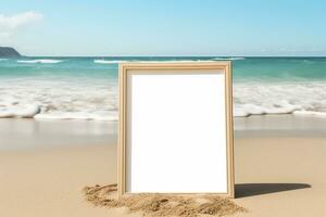 ai generado blanco blanco póster marco en el playa generativo por ai foto