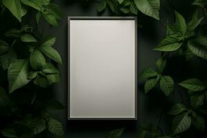 AI generated blank white frame surrounded by leaves generative by ai photo