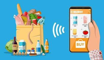 Hand holding smartphone with shopping app. Grocery store delivery. Internet order. Online supermaket. Paper shopping bag with food and drinks. Milk, vegetables, meat, cheese. Flat vector illustration