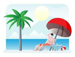 Man in chaise lounge or sunlounger, palm tree on beach. Umbrella and table with glass. Sun with reflection in water, clouds. Day in tropical place. Resort landscape. Minimalist design. Flat vector