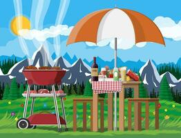 Bbq party or picnic. Table with bottle of wine, vegetables, cheese, can of beer. Electric grill with barbecue. Cooking steak, meat and sausages, grilling bbq. Vector illustration flat style