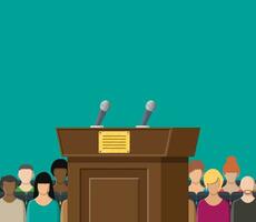 Brown wooden rostrum with microphones for presentation. Stand, podium for conferences, lectures or debates. Crowd, demonstrators, protest. Vector illustration in flat style