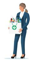 Woman holding drugstore bag. Set of bottles, tablets, pills, capsules and sprays for illness and pain treatment. Medical drug, vitamin, antibiotic. Healthcare and pharmacy. Flat vector illustration