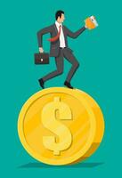 Businessman is running on dollar coin. Annual revenue, financial investment, savings, bank deposit, future income, money benefit. Time is money. Flat vector illustration