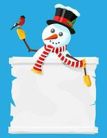 Funny snowman character greeting. Snowman head and scroll with text. Happy new year decoration. Merry christmas holiday. New year and xmas celebration. Vector illustration in flat style