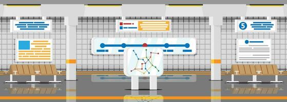 Empty Subway Station Interior. Train and Underground Platform. Railway Metro Station. Passenger Express Railway. Railroad Public Transportation. Rapid Transport. Flat Vector Illustration