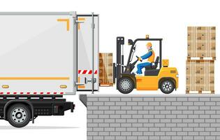 Forklift loading pallet boxes into truck. Warehouseman with checklist. Electric uploader loading cardboard boxes in delivery car. Logistic shipping cargo. Storage equipment. Flat vector illustration