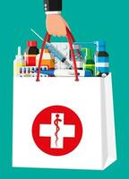 Medicine collection in bag. Set of bottles, tablets, pills, capsules and sprays for illness and pain treatment. Medical drug, vitamin, antibiotic. Pharmacy delivery. Flat vector illustration