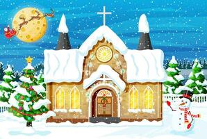 Iglesia cubierto nieve. edificio en fiesta ornamento. Navidad paisaje, árbol, monigote de nieve bosque Papa Noel trineo renos nuevo año decoración. alegre Navidad fiesta Navidad celebracion. vector ilustración