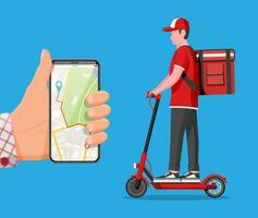 teléfono inteligente con aplicación y hombre montando patada scooter con el caja. concepto de rápido entrega en el ciudad. masculino mensajero con paquete o empaquetar caja en su espalda con bienes y productos dibujos animados plano vector ilustración