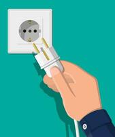 Electrical outlet and hand with plug. Electrical components. Wall socket with cable. Vector illustration in flat style