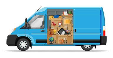 entrega camioneta con abierto puerta y hogar cosas adentro. Moviente a nuevo casa. familia reubicado a nuevo hogar. cajas con bienes. paquete transporte. computadora, lámpara, ropa, libros. plano vector ilustración