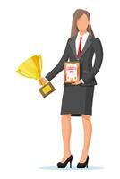 Successful businesswoman holding trophy and showing award certificate, celebrates victory. Business success, triumph, goal or achievement. Winning of competition. Vector illustration flat style