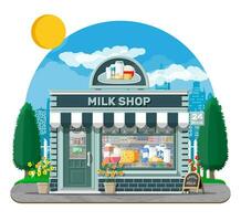 Dairy store or milk shop with signboard, awning. Store facade with storefront. Farmer shop, showcase counter. Milk cheese yogurt butter sour cream. Nature outdoor cityscape. Flat vector illustration