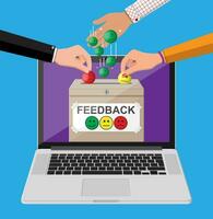 Rating box on laptop screen. Online reviews smiles faces. Testimonials, rating, feedback, survey, quality and review. Vector illustration in flat style