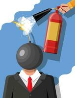 Stressed out businessman with head of bomb gets help from man with extinguisher. Overworked man with burning brain burnt by work. Emotional stress. Man in suit with bomb head. Flat vector illustration