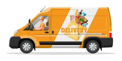 Van car full of food products. Shop and farm delivering service. Delivery and selling grocery products concept. Meat, milk, bread, vegetables. Cargo and logistic. Cartoon flat vector illustration