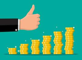 Stack of gold coins and hand with thumb up gesture. Golden coin with dollar sign. Growth, income, savings, investment. Symbol of wealth. Business success. Flat style vector illustration.