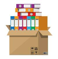 Pile of paper documents, file folders in cardboard box. Huge paperwork and bureaucracy, big data concept. Unorganized messy stack of papers and office work. Flat vector illustration