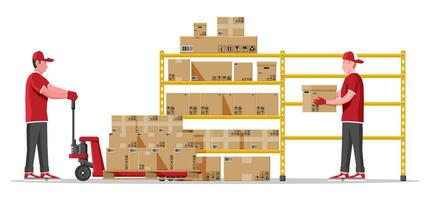 Warehouse shelves with goods, mover and container package boxes. Pile cardboard boxes set. Carton delivery packaging open and closed box with fragile signs. Vector illustration in flat style