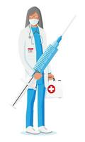 Female doctor holds large syringe with vaccine. Cartoon doctor holding big syringe isolated on white. Woman in coat with medical vaccine injection tool. Vaccination concept. Flat vector illustration