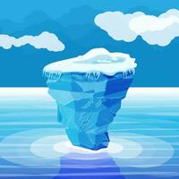 Big iceberg and ocean. Ice in sea. Blue sky with clouds. North nature background. Vector illustration in flat style