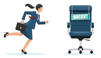 Office chair, sign vacancy. Employee with briefcase. Hiring and recruiting. Human resources management, searching professional staff, work. Found right resume. Flat vector illustration